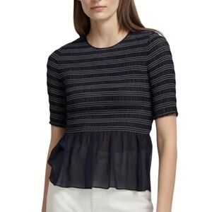 Club Monaco navy blue striped semi sheer peplum top Size XS excellent condition